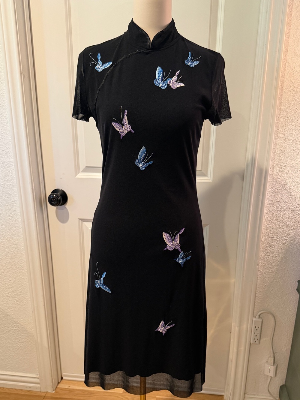 Vivienne Tam Black Mesh Midi Dress with Blue & Lavender Butterfly Embroidery